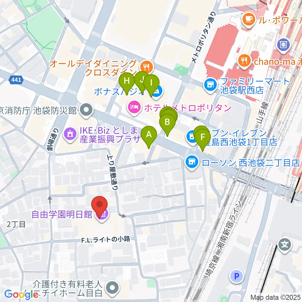 自由学園明日館周辺のファミレス・ファーストフード一覧地図
