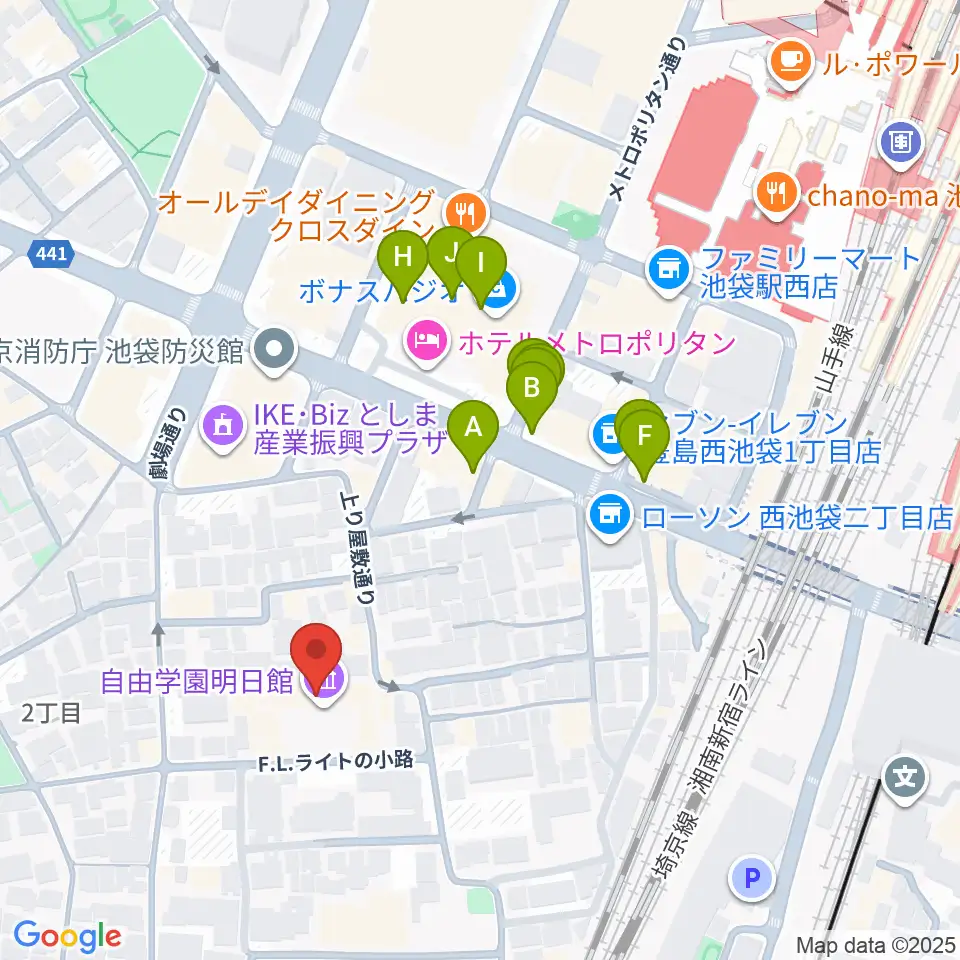 自由学園明日館周辺のファミレス・ファーストフード一覧地図