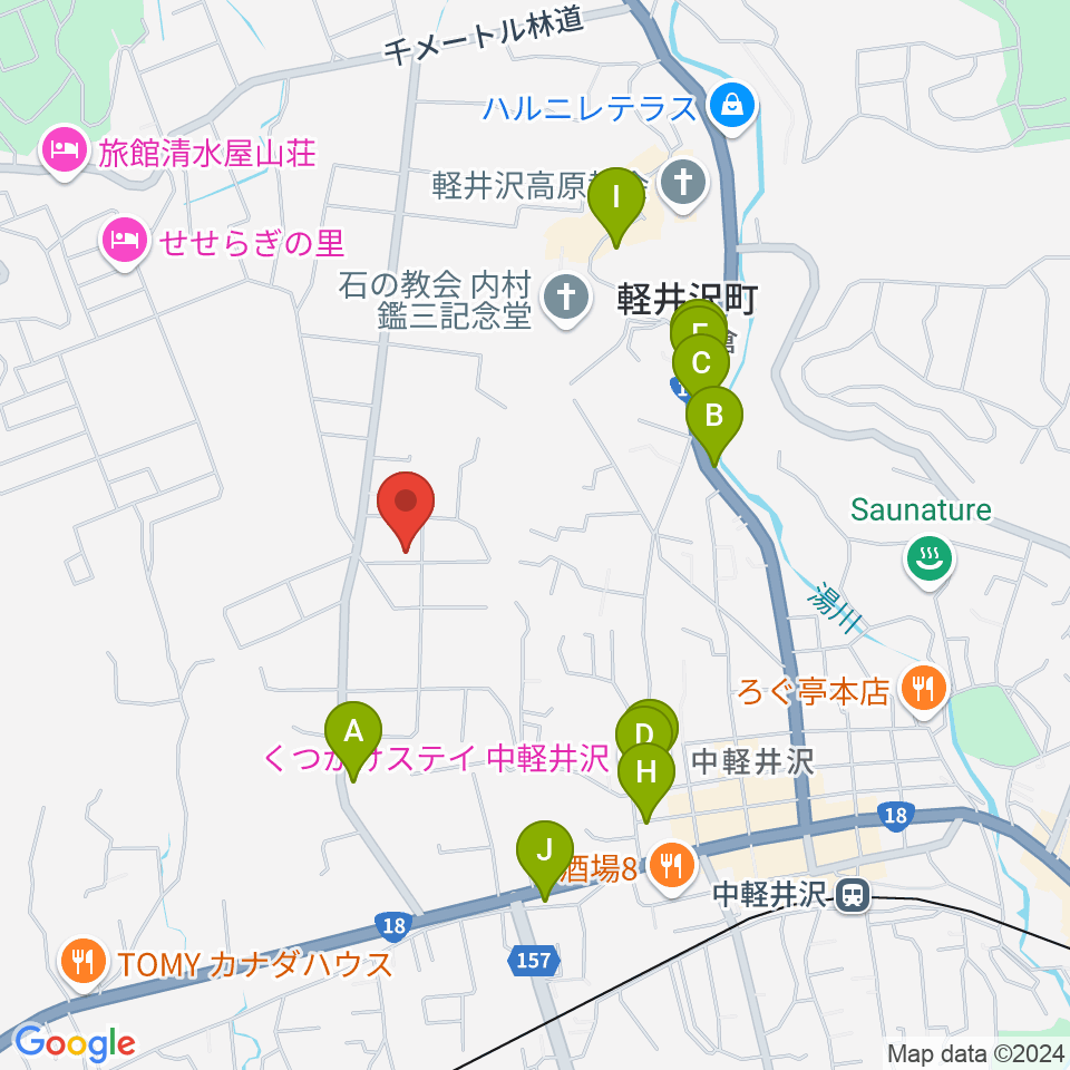 軽井沢コルネ音楽堂周辺のファミレス・ファーストフード一覧地図