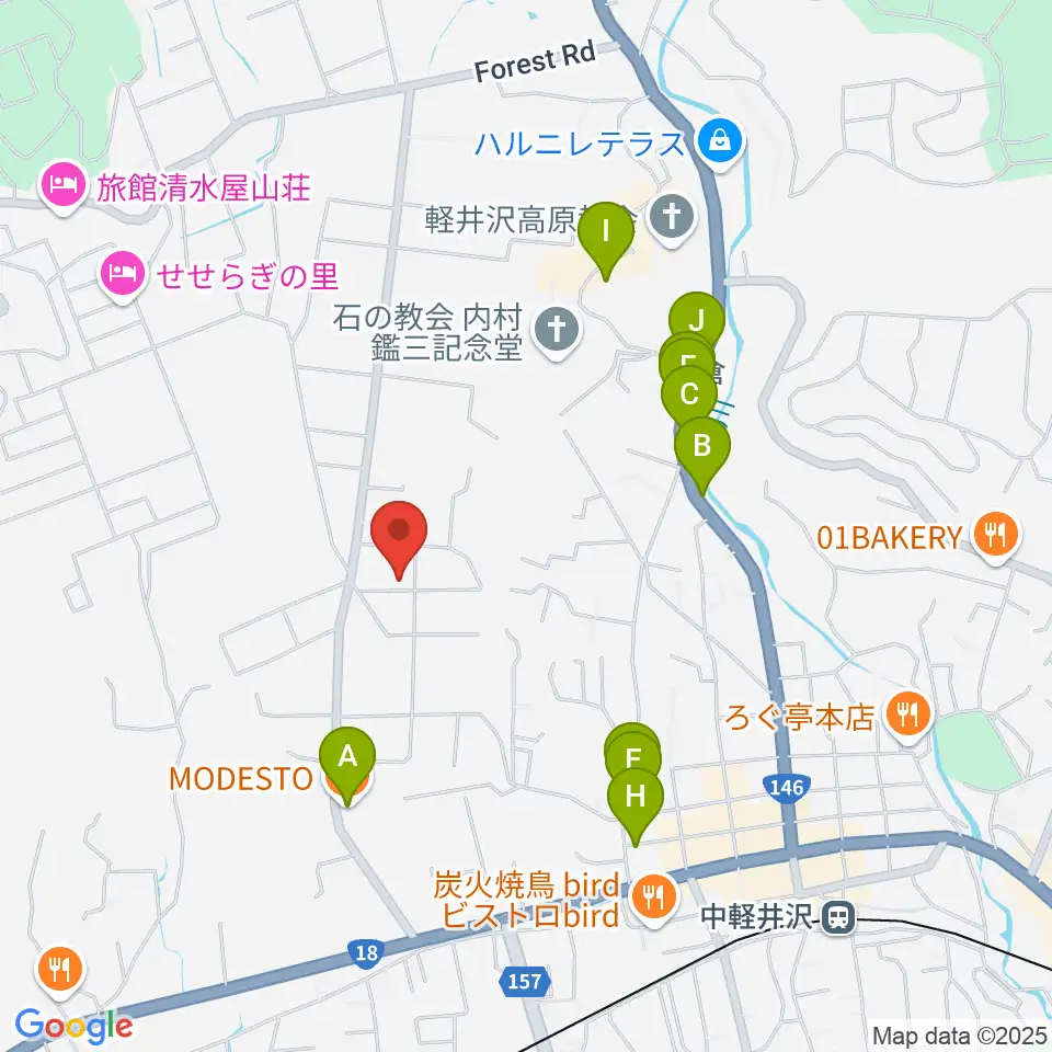 軽井沢コルネ音楽堂周辺のファミレス・ファーストフード一覧地図