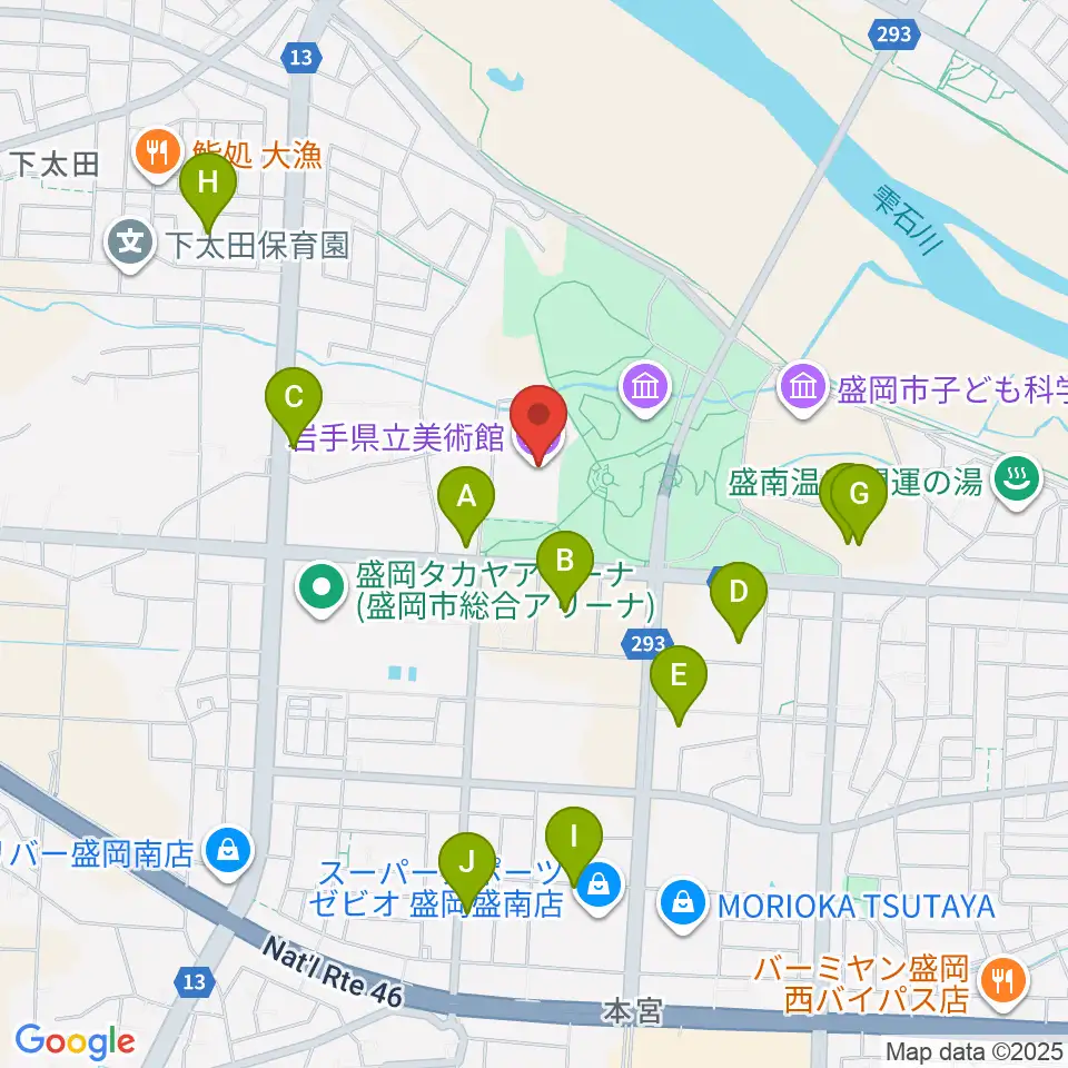 岩手県立美術館周辺のファミレス・ファーストフード一覧地図