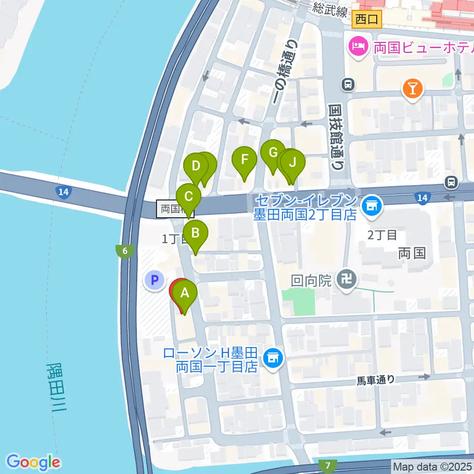 両国門天ホール周辺のファミレス・ファーストフード一覧地図