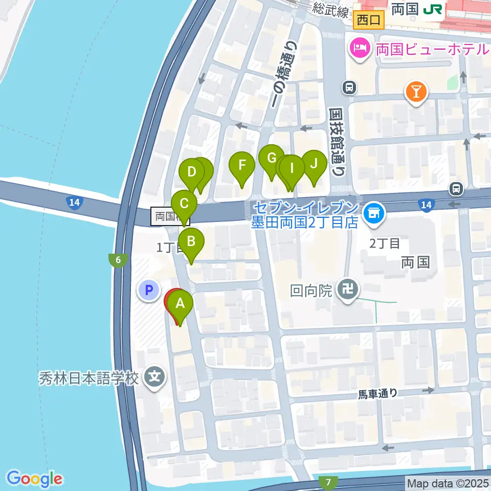 両国門天ホール周辺のファミレス・ファーストフード一覧地図