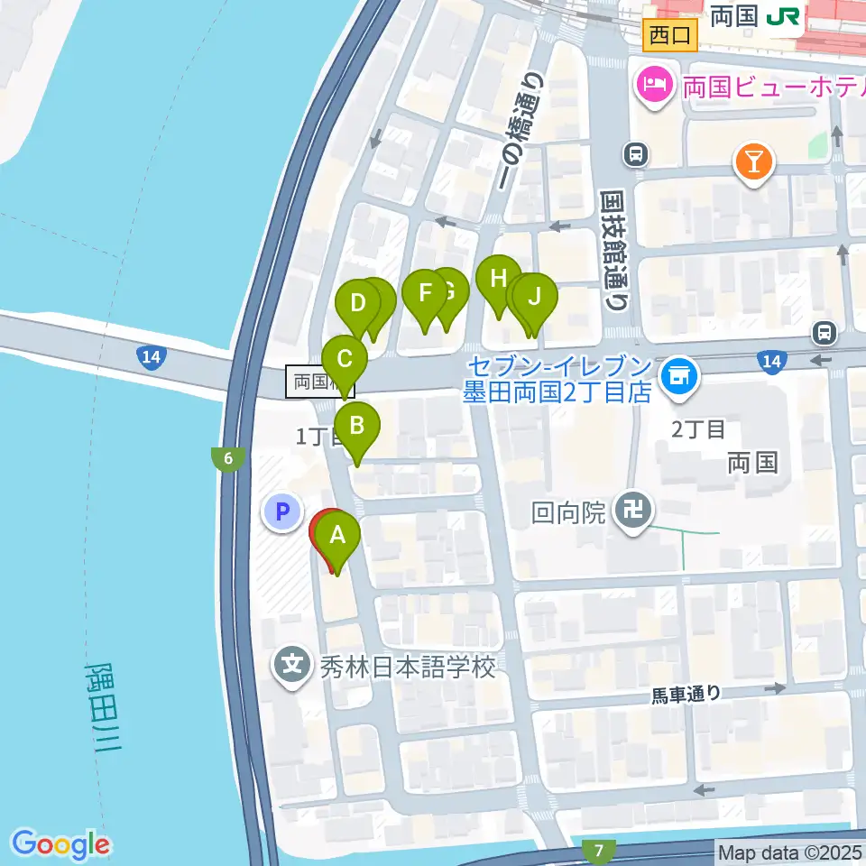 両国門天ホール周辺のファミレス・ファーストフード一覧地図