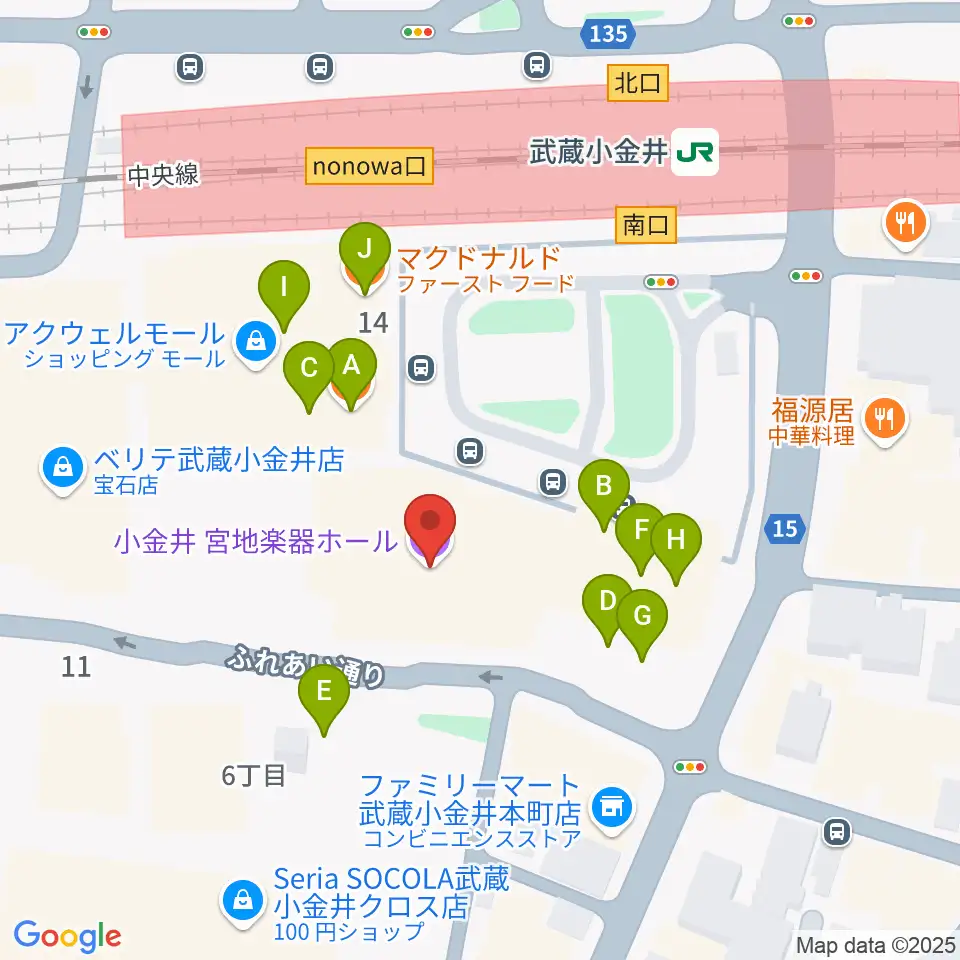 小金井 宮地楽器ホール周辺のファミレス・ファーストフード一覧地図