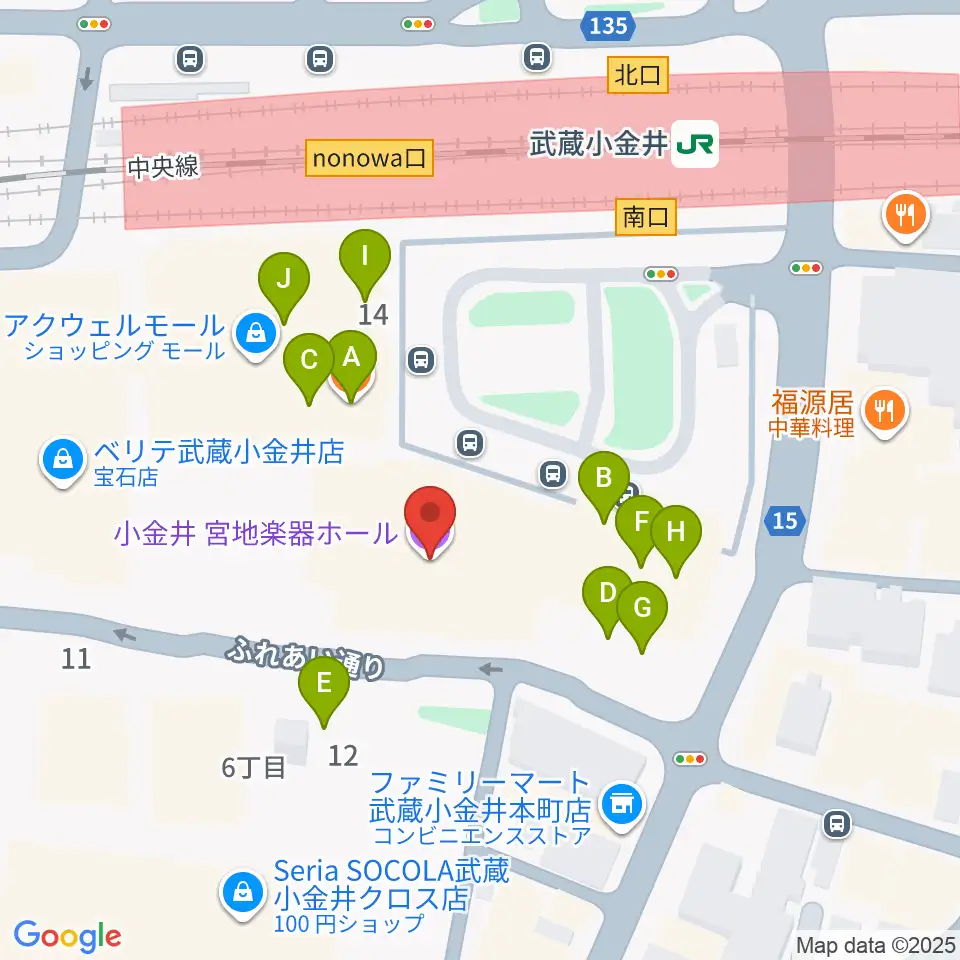 小金井 宮地楽器ホール周辺のファミレス・ファーストフード一覧地図