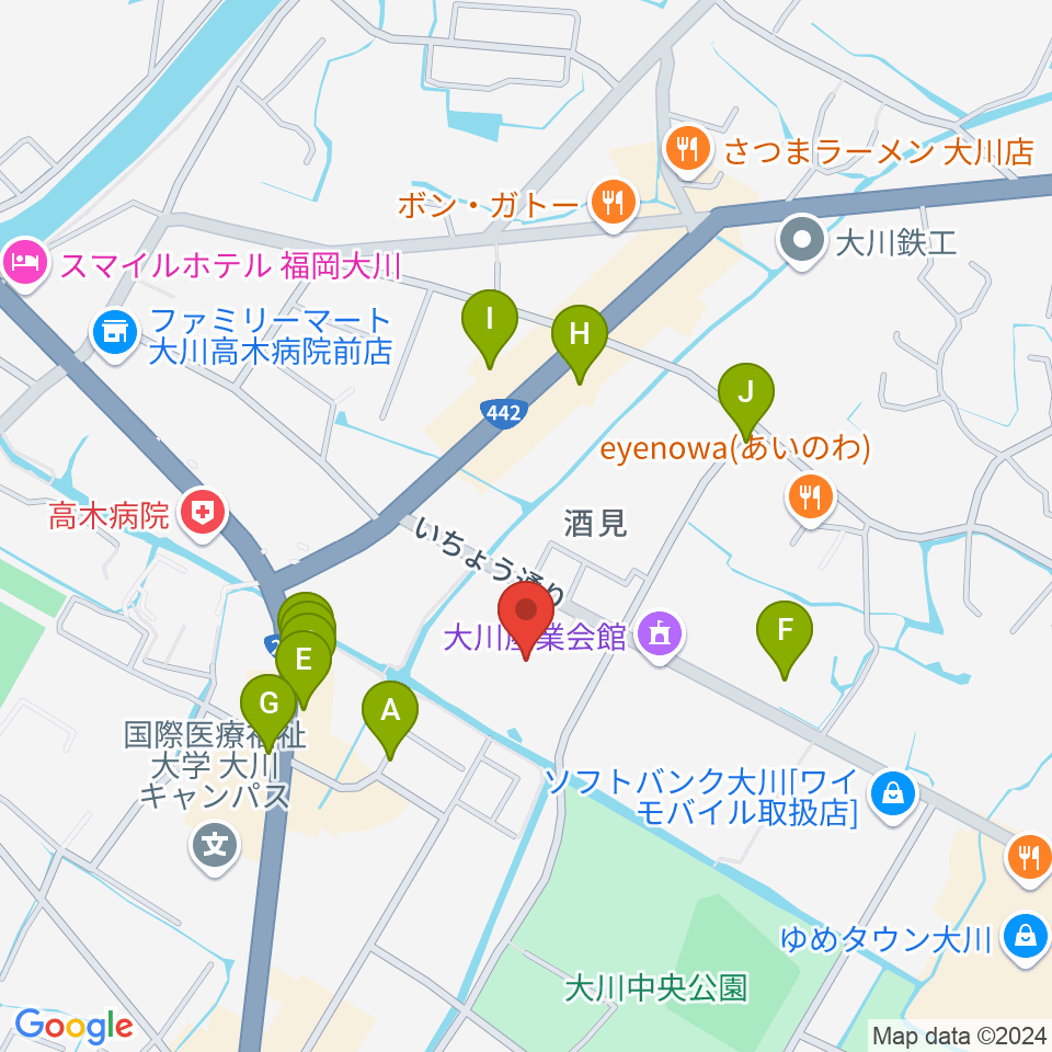 大川市文化センター周辺のファミレス・ファーストフード一覧地図