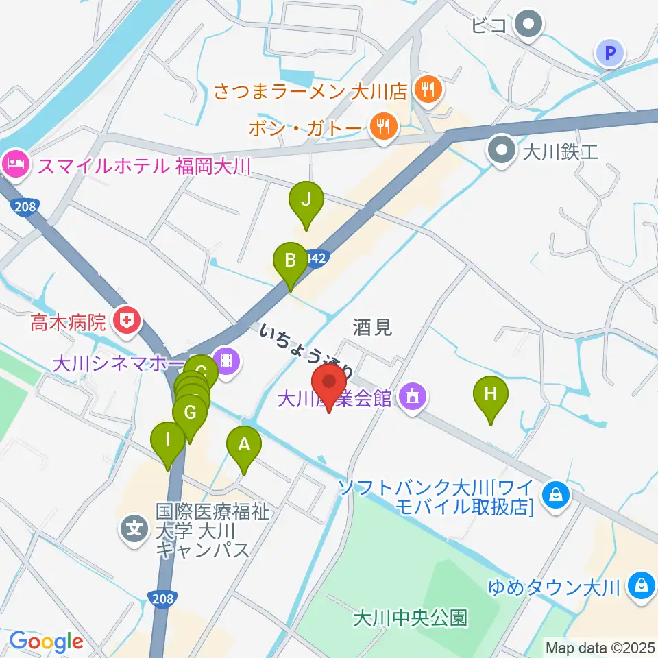 大川市文化センター周辺のファミレス・ファーストフード一覧地図