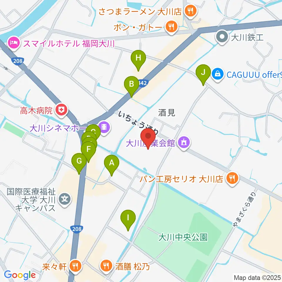 大川市文化センター周辺のファミレス・ファーストフード一覧地図