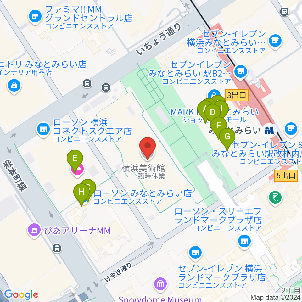 横浜美術館周辺のファミレス・ファーストフード一覧地図