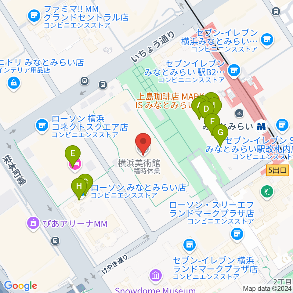 横浜美術館周辺のファミレス・ファーストフード一覧地図