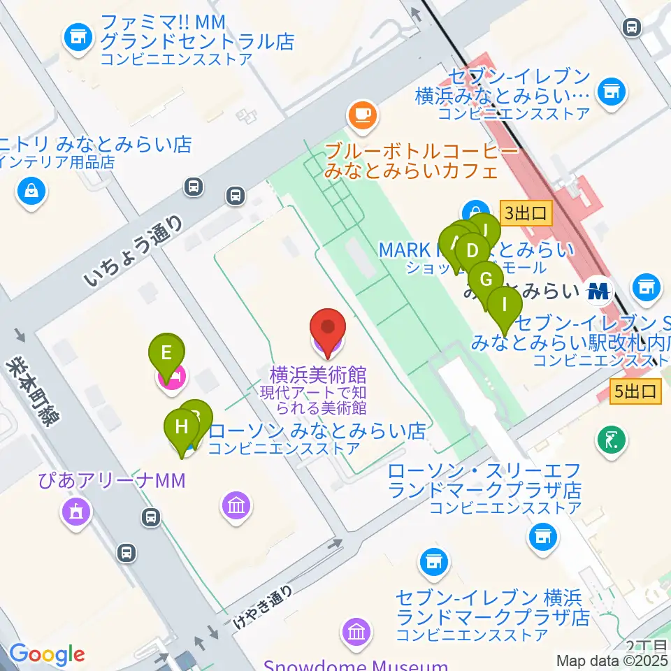 横浜美術館周辺のファミレス・ファーストフード一覧地図