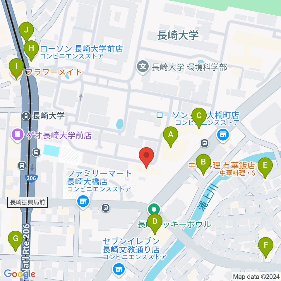 長崎創楽堂周辺のファミレス・ファーストフード一覧地図