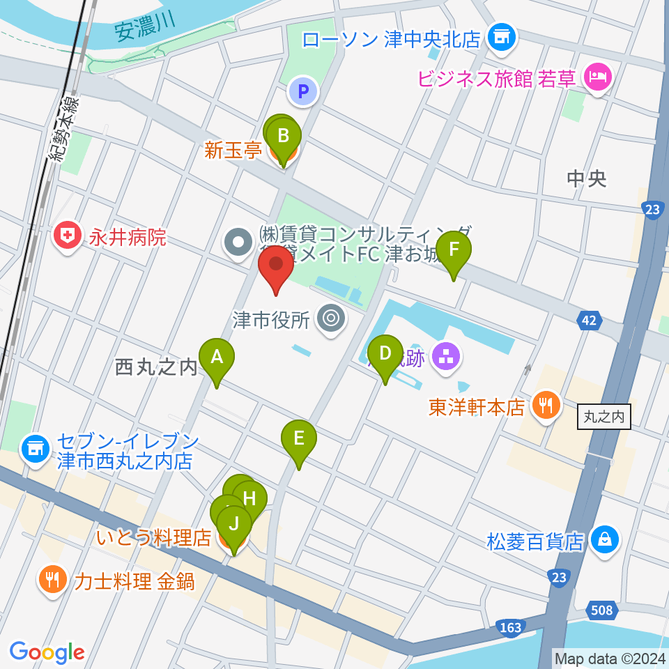 津リージョンプラザ周辺のファミレス・ファーストフード一覧地図