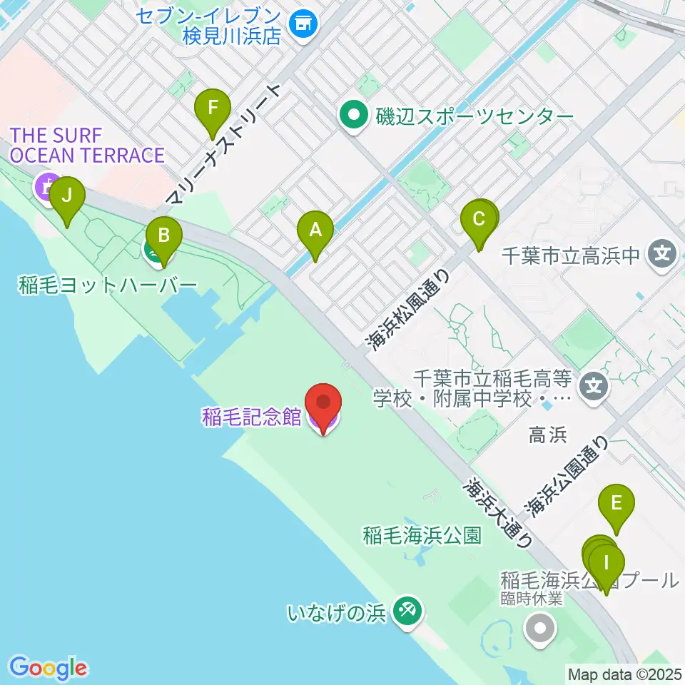 稲毛記念館周辺のファミレス・ファーストフード一覧地図