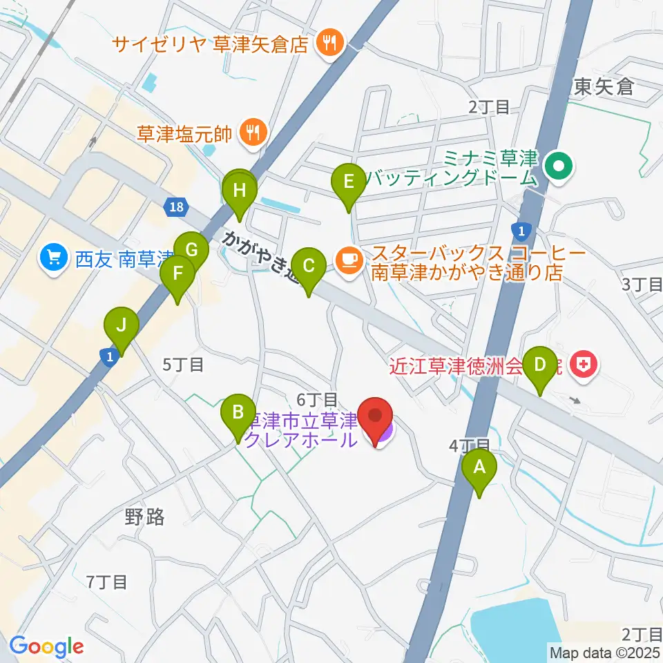 草津クレアホール周辺のファミレス・ファーストフード一覧地図