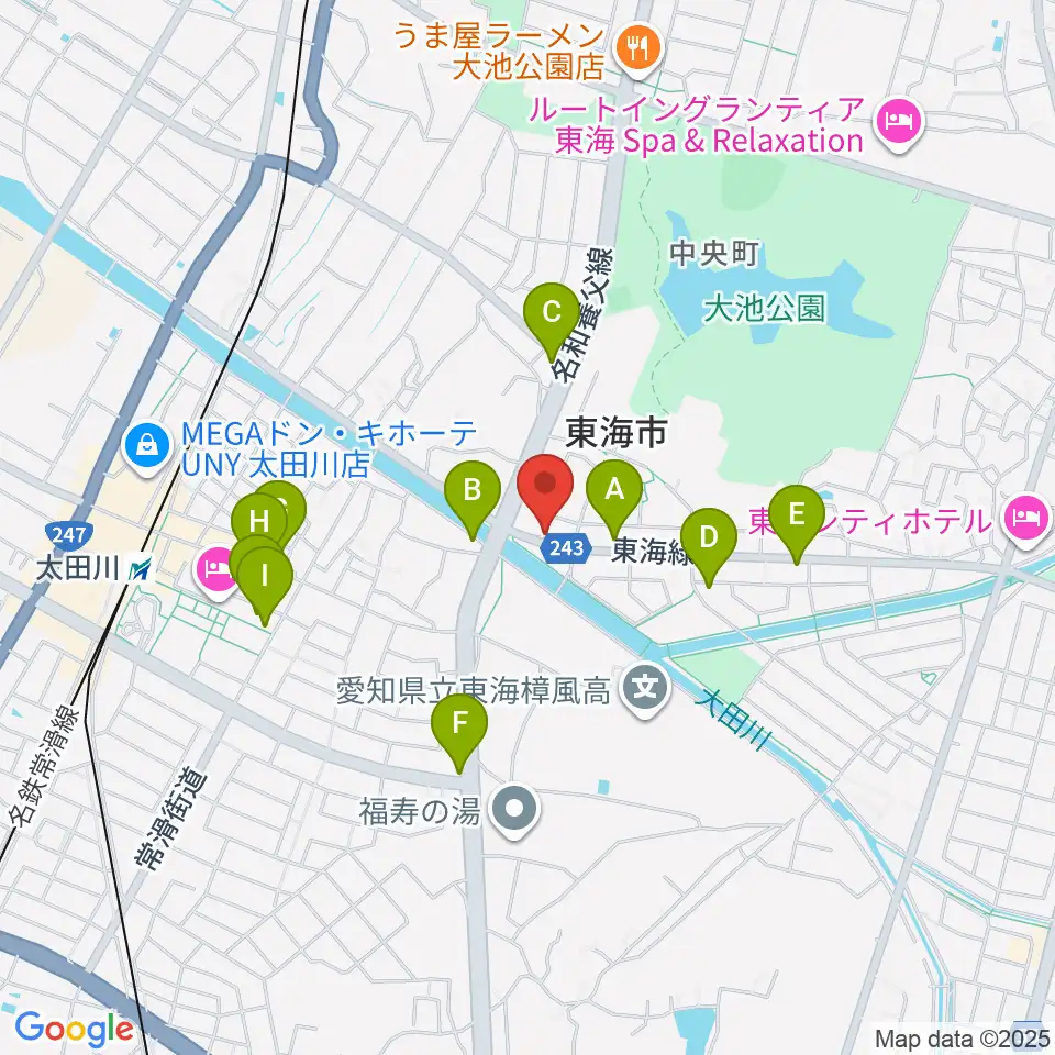 マツイシ楽器店 大田川センター周辺のファミレス・ファーストフード一覧地図