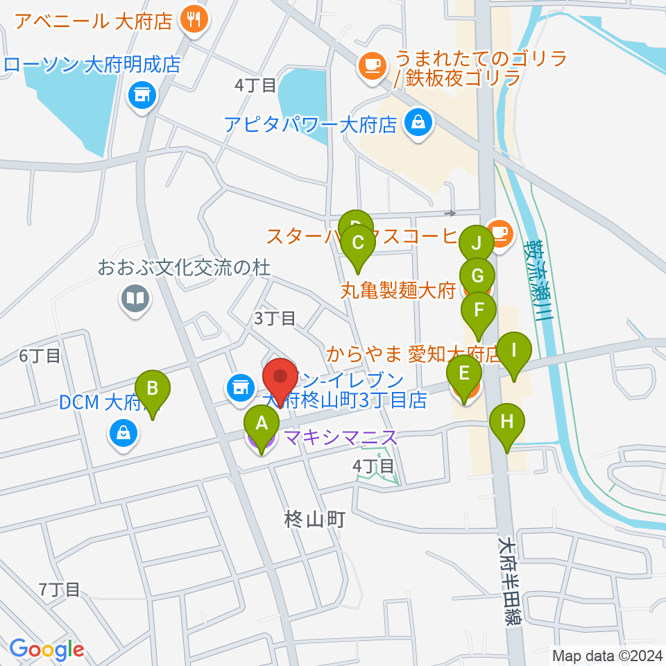 ミュージックガーデン大府周辺のファミレス・ファーストフード一覧地図