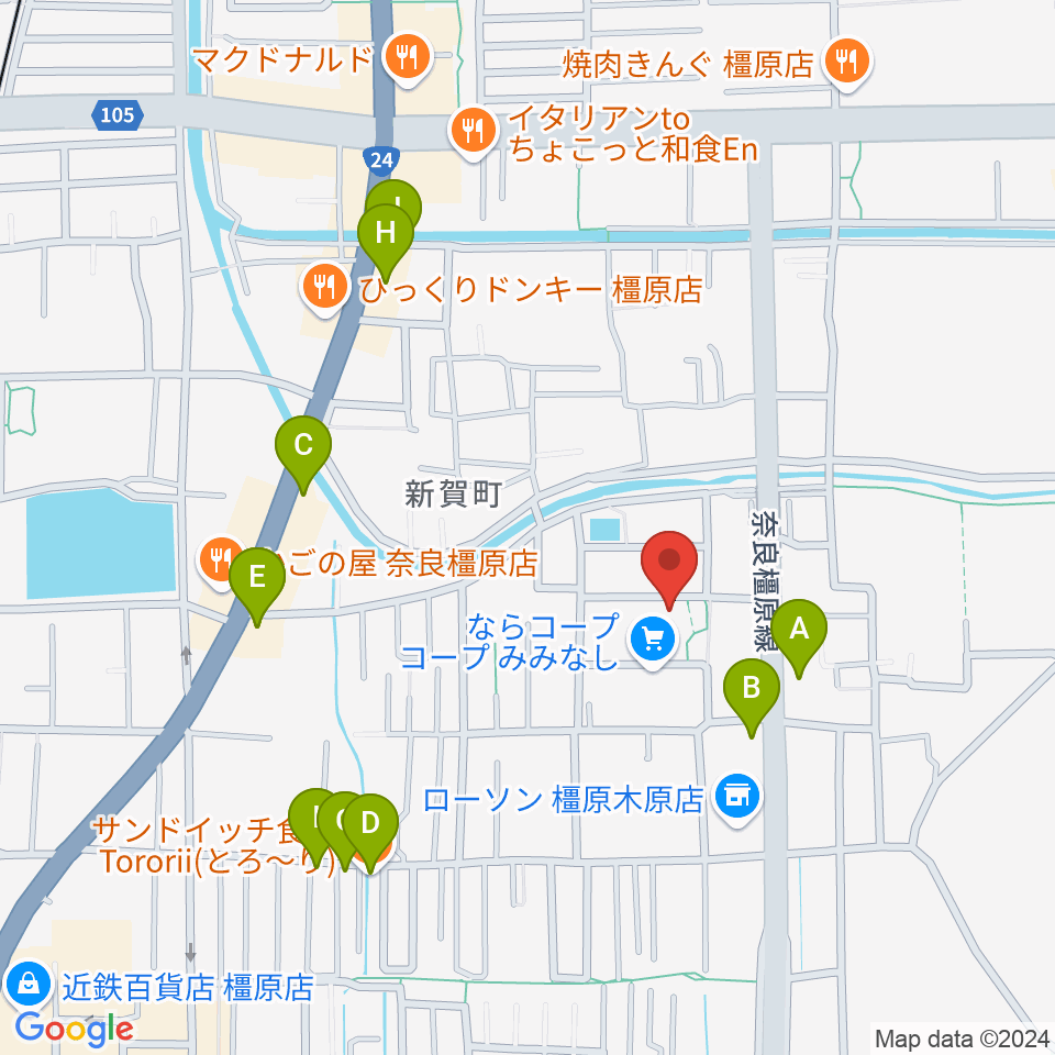 ミュージックカフェアンジェス周辺のファミレス・ファーストフード一覧地図