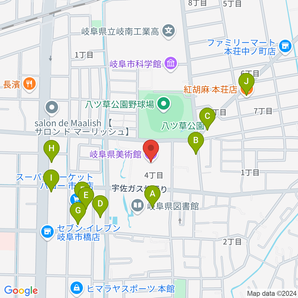 岐阜県美術館周辺のファミレス・ファーストフード一覧地図