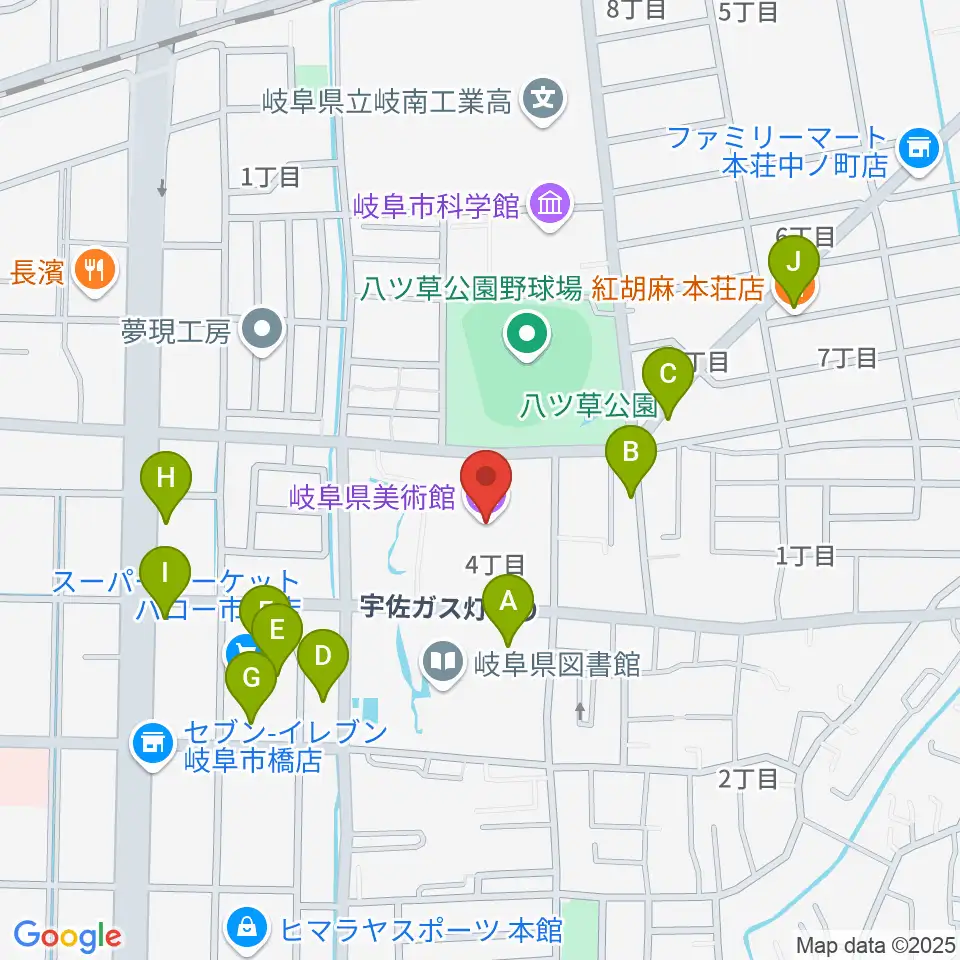 岐阜県美術館周辺のファミレス・ファーストフード一覧地図