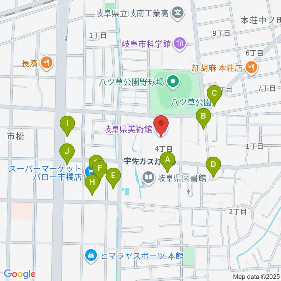 岐阜県美術館周辺のファミレス・ファーストフード一覧地図