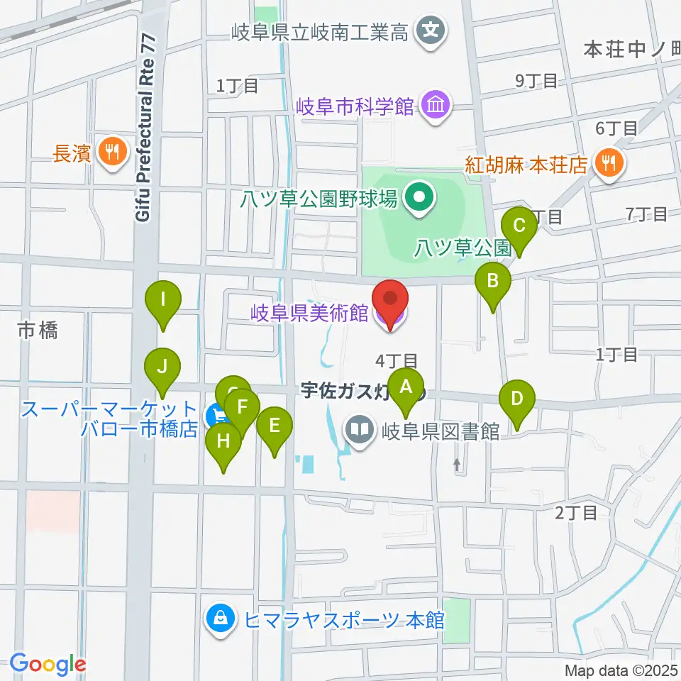 岐阜県美術館周辺のファミレス・ファーストフード一覧地図