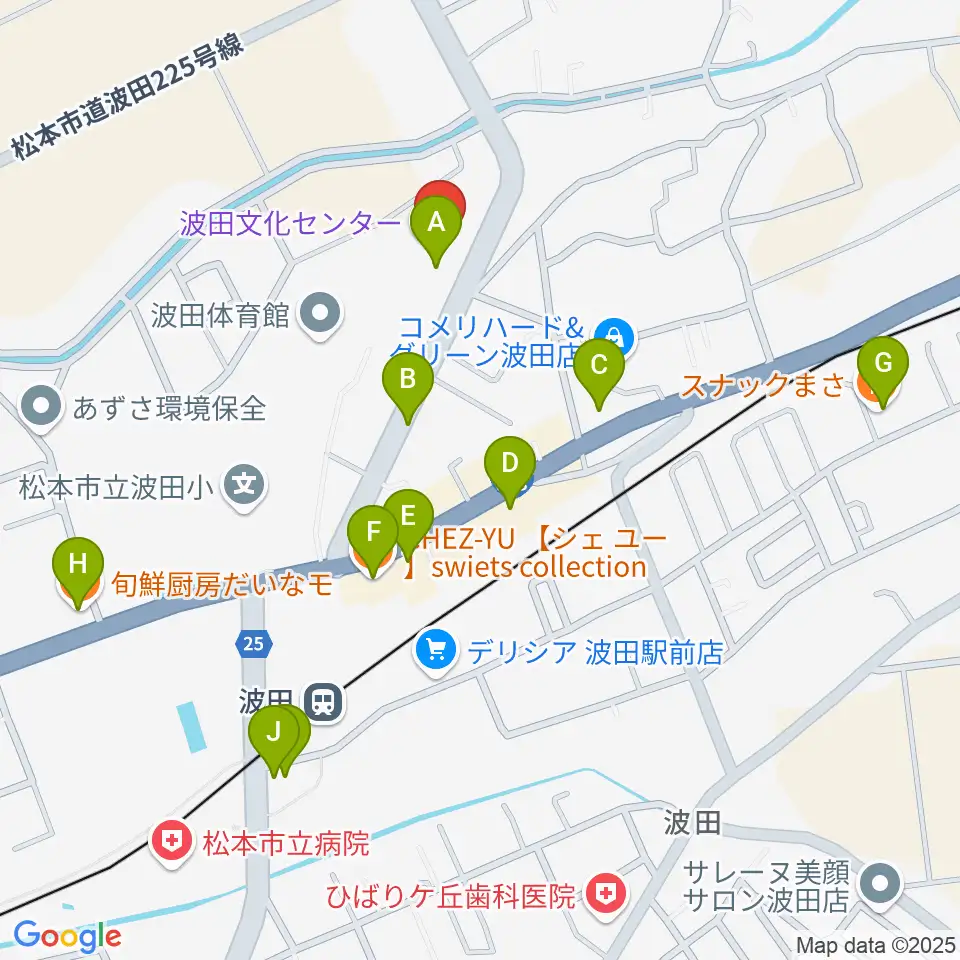 松本市波田文化センター アクトホール周辺のファミレス・ファーストフード一覧地図