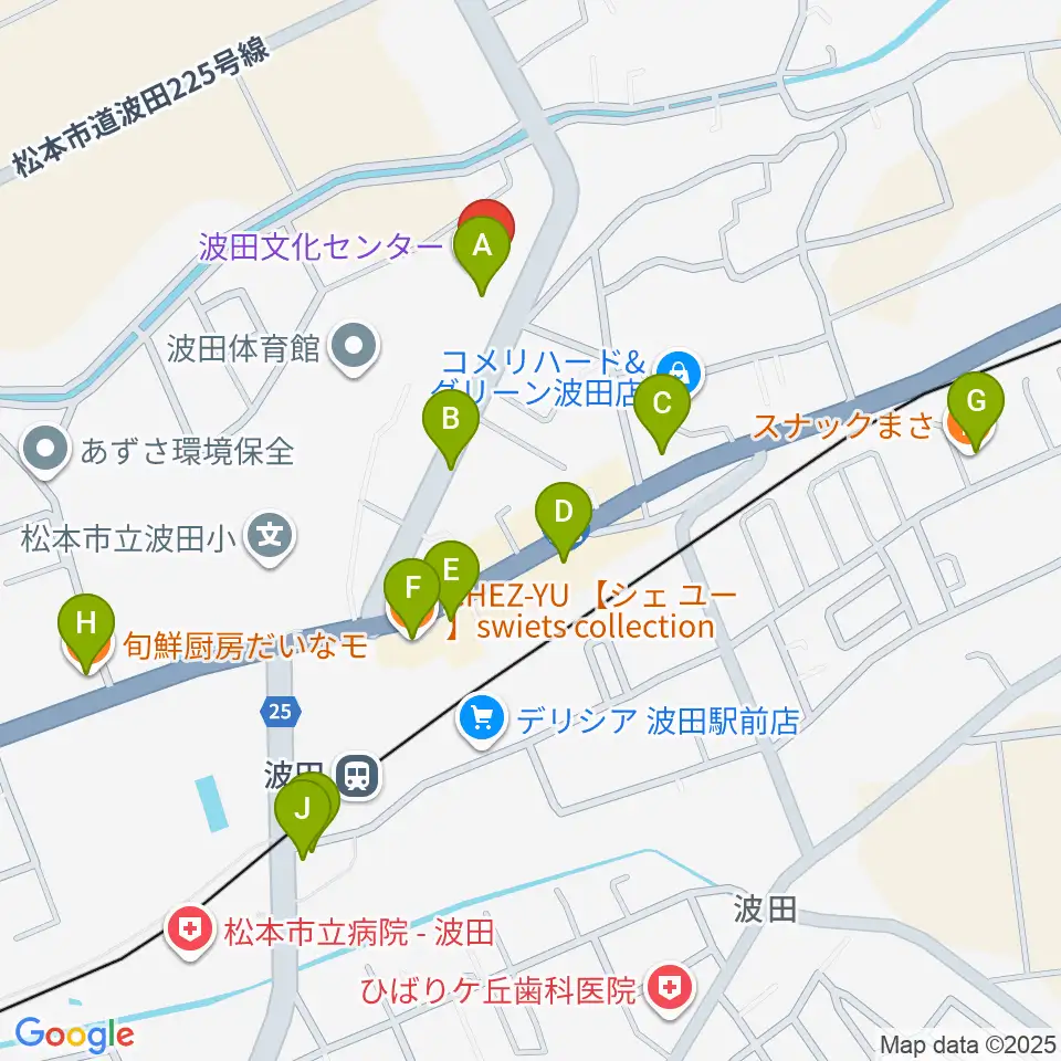 松本市波田文化センター アクトホール周辺のファミレス・ファーストフード一覧地図