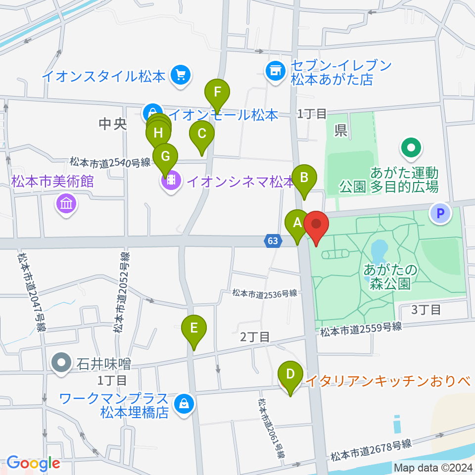 あがたの森文化会館周辺のファミレス・ファーストフード一覧地図