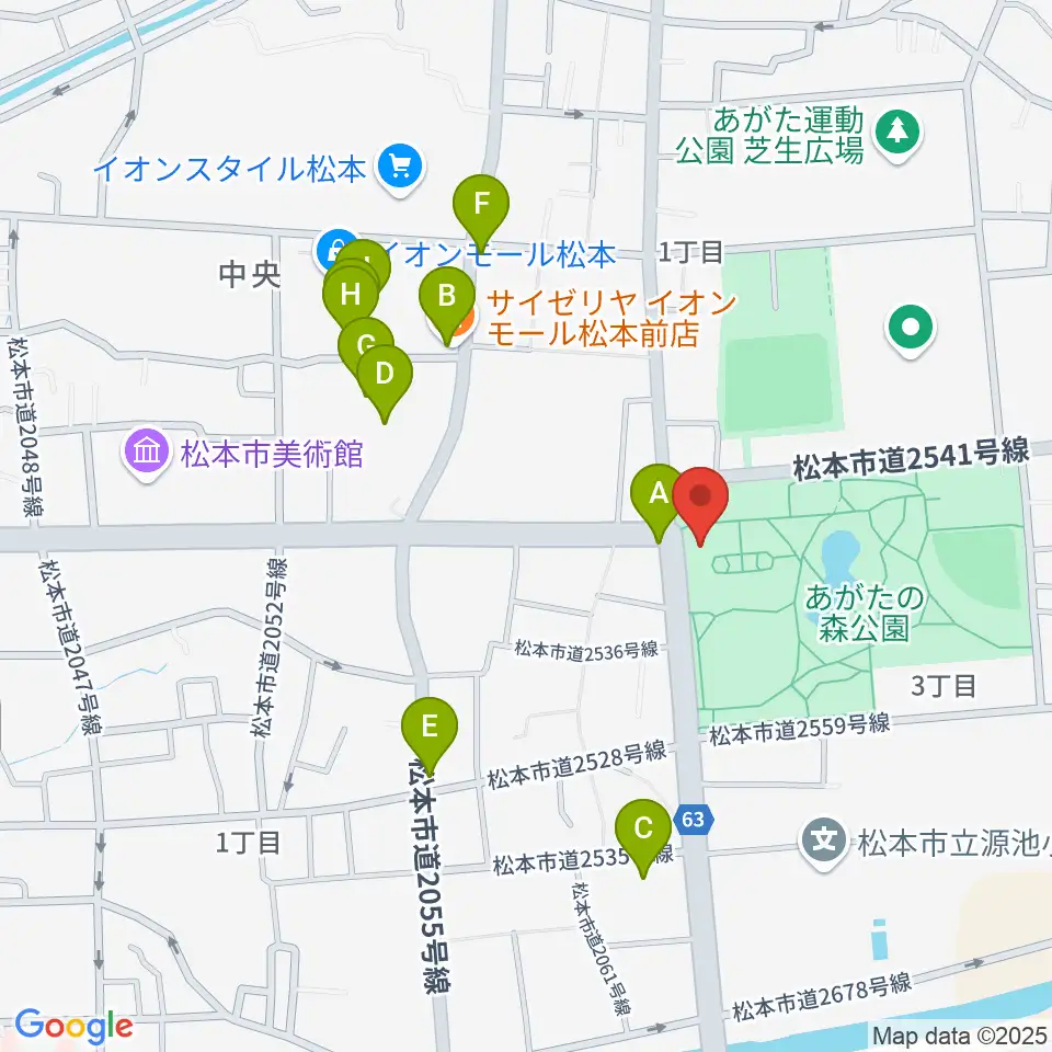 あがたの森文化会館周辺のファミレス・ファーストフード一覧地図