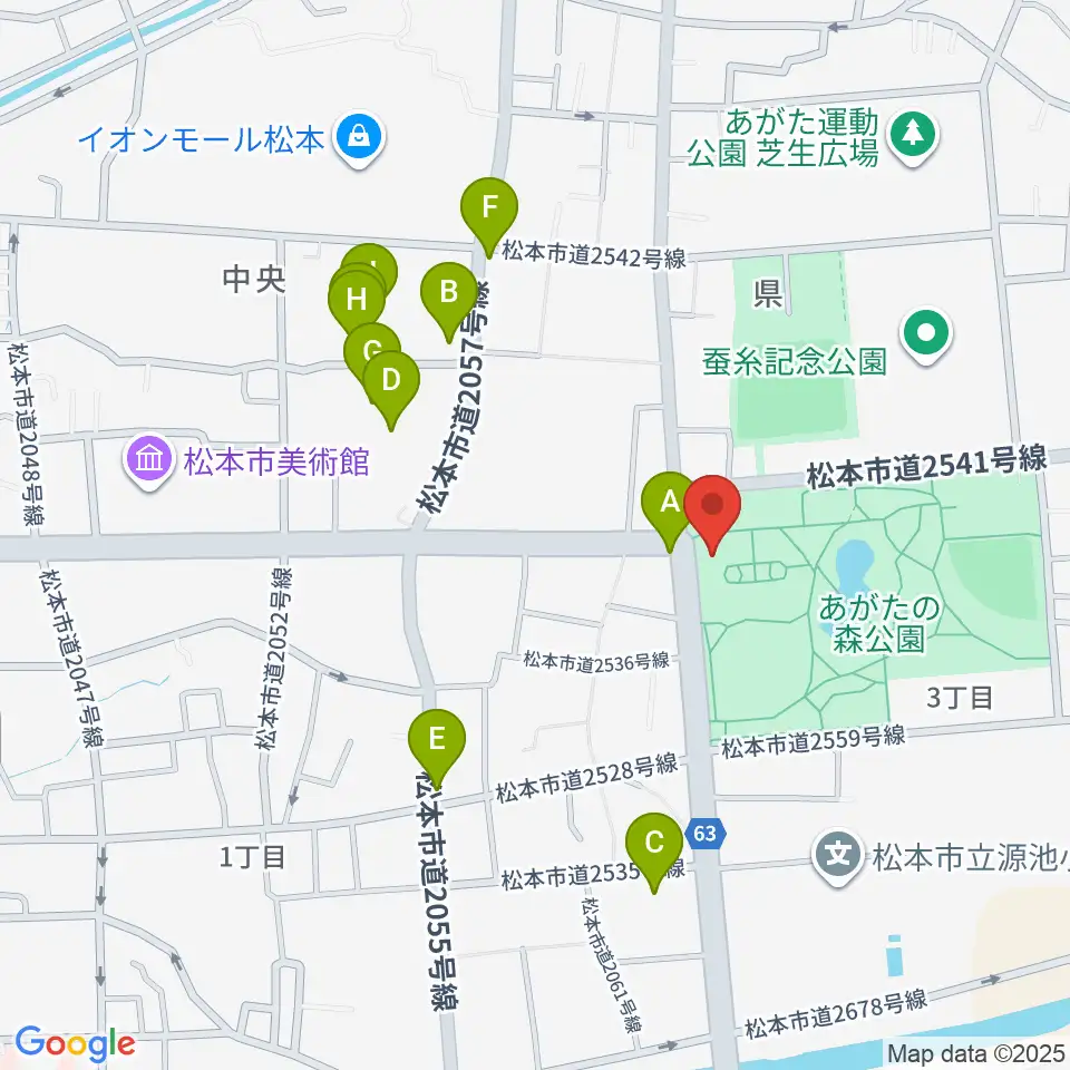 あがたの森文化会館周辺のファミレス・ファーストフード一覧地図