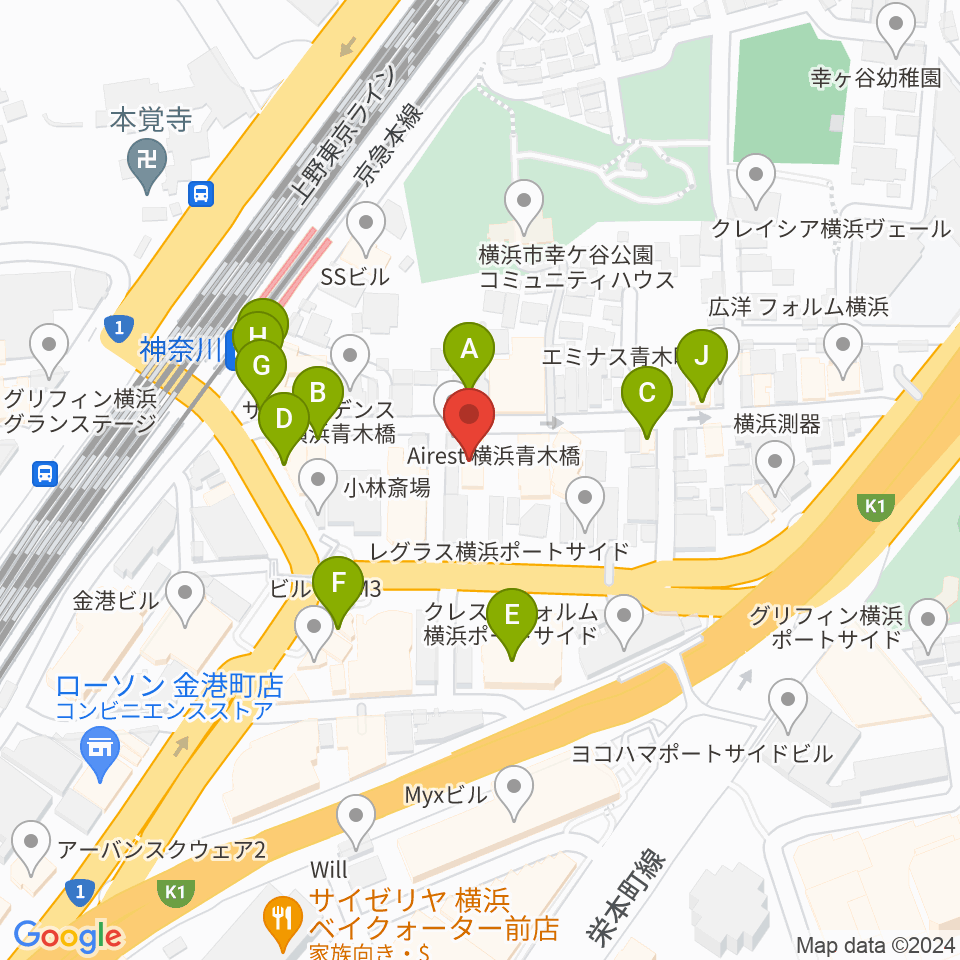 ラフィネ横浜ピアノスタジオ周辺のファミレス・ファーストフード一覧地図