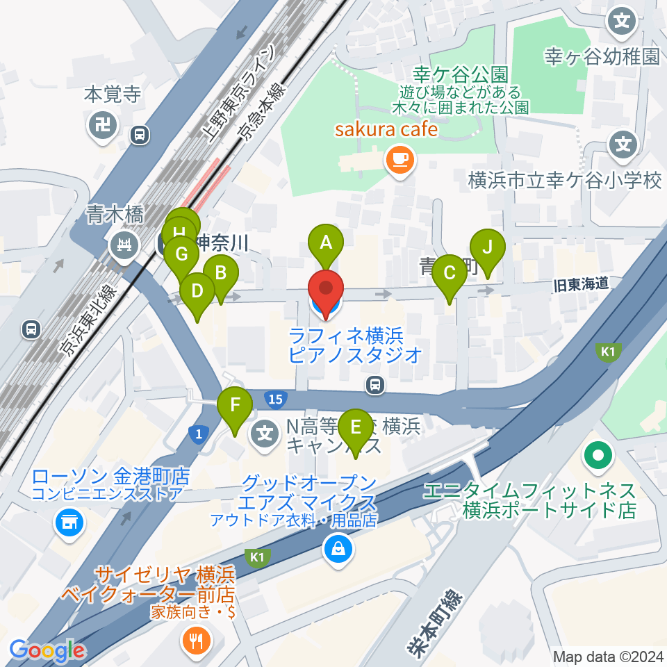 ラフィネ横浜ピアノスタジオ周辺のファミレス・ファーストフード一覧地図