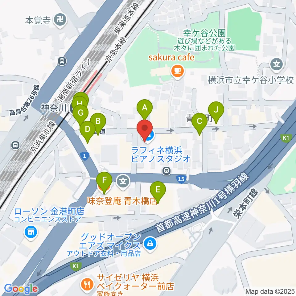 ラフィネ横浜ピアノスタジオ周辺のファミレス・ファーストフード一覧地図