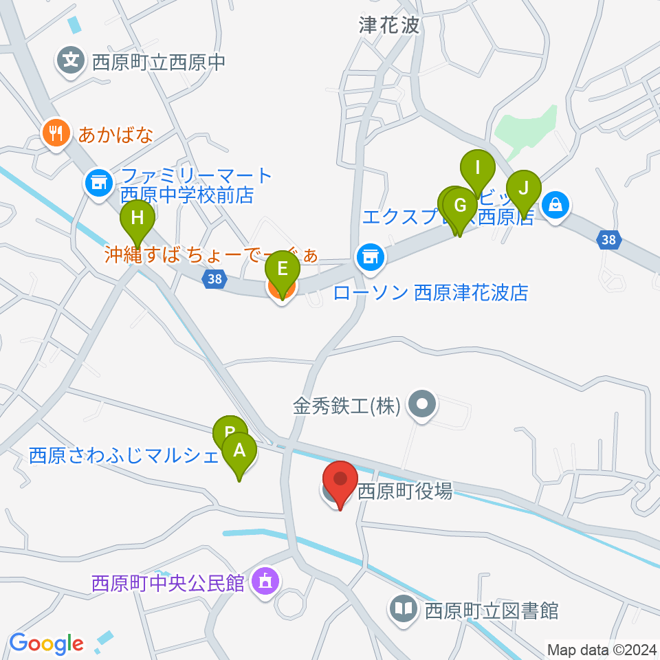 西原町町民交流センター・さわふじ未来ホール周辺のファミレス・ファーストフード一覧地図