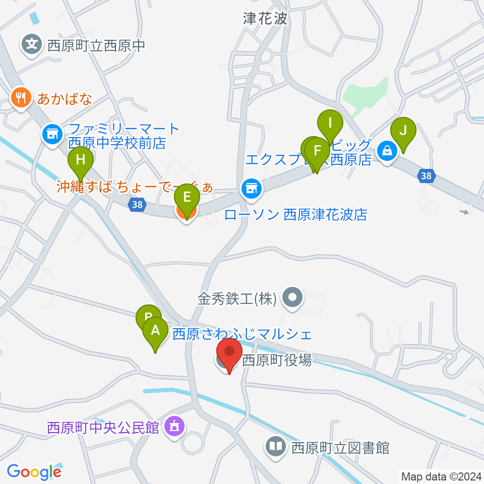 西原町町民交流センター・さわふじ未来ホール周辺のファミレス・ファーストフード一覧地図