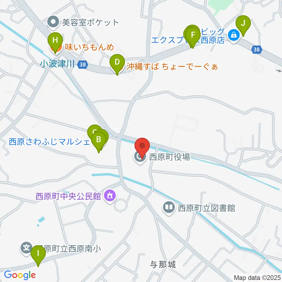 西原町町民交流センターさわふじ未来ホール周辺のファミレス・ファーストフード一覧地図