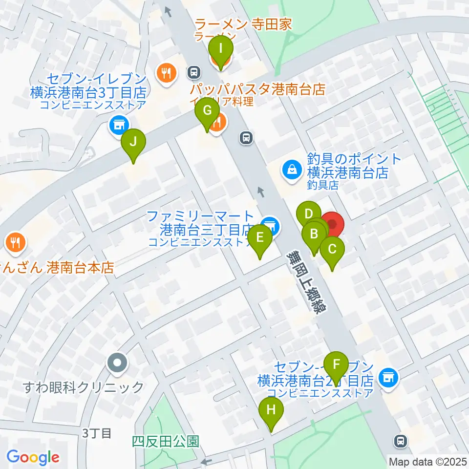 新堀ギター音楽院 港南台教室周辺のファミレス・ファーストフード一覧地図