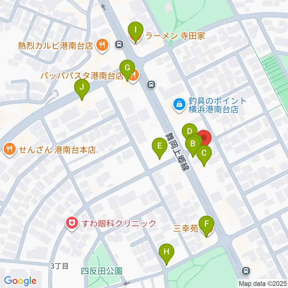新堀ギター音楽院 港南台教室周辺のファミレス・ファーストフード一覧地図