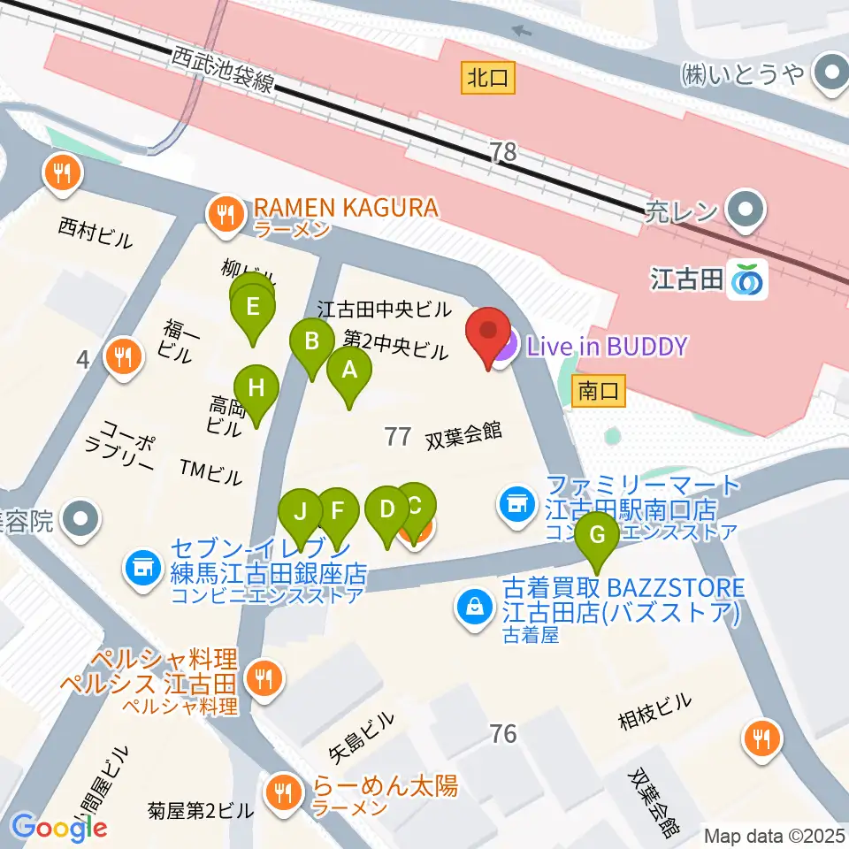 江古田BUDDY周辺のファミレス・ファーストフード一覧地図