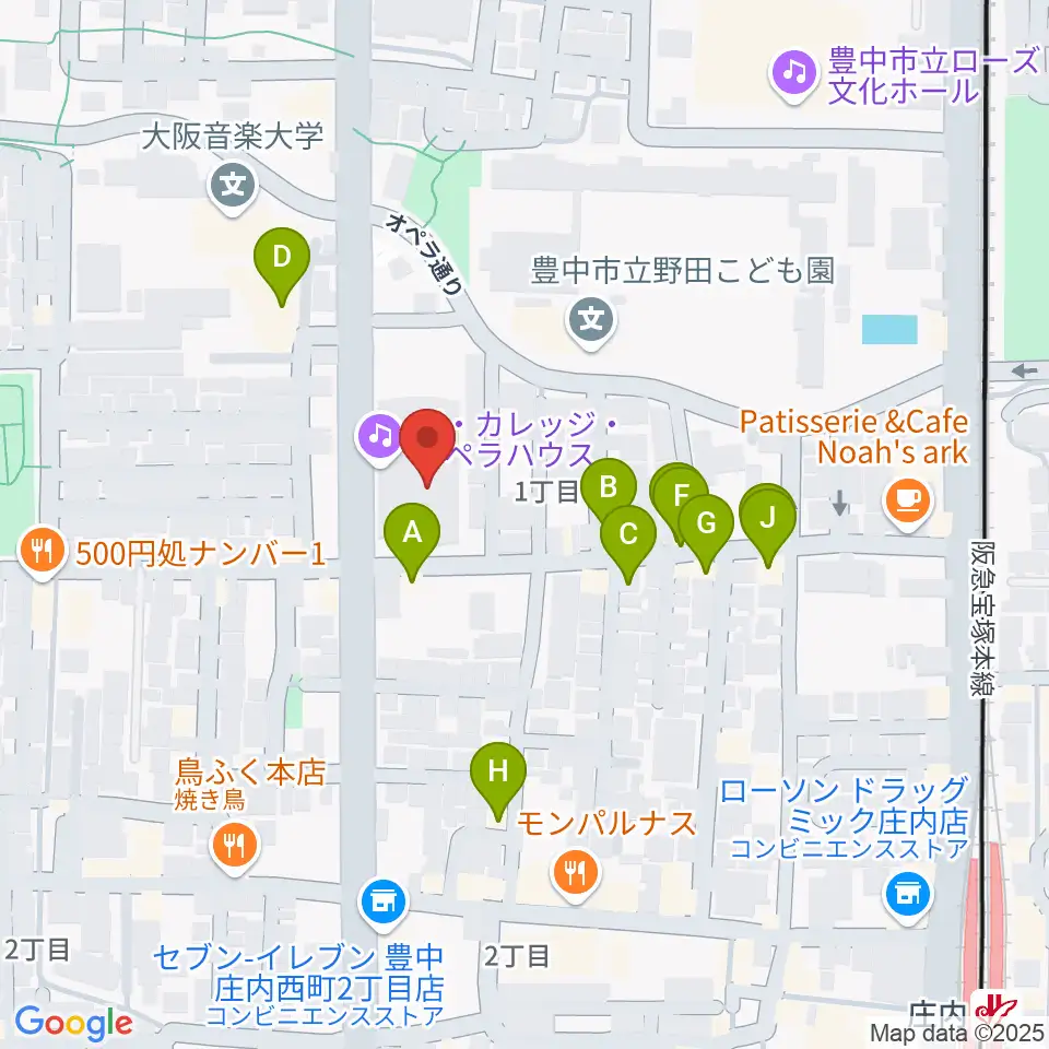大阪音楽大学 ザ・カレッジ・オペラハウス周辺のファミレス・ファーストフード一覧地図