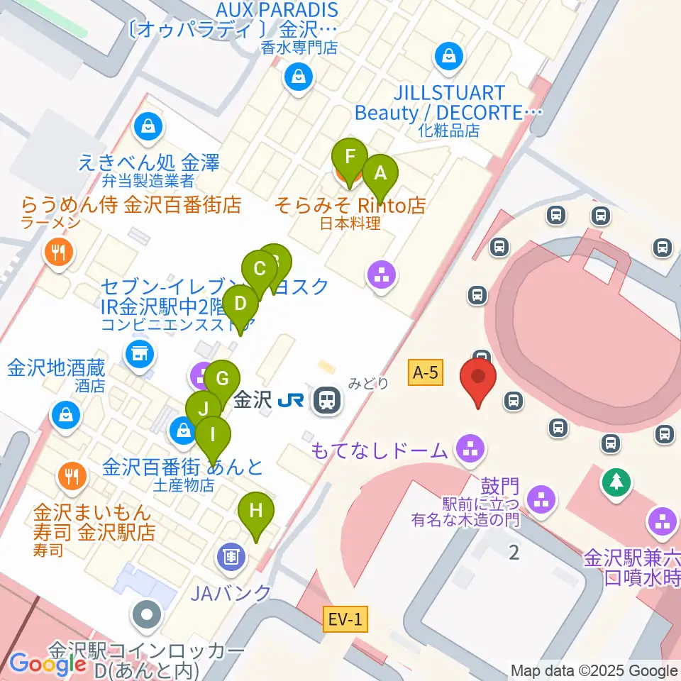 金沢駅東もてなしドーム地下広場周辺のファミレス・ファーストフード一覧地図