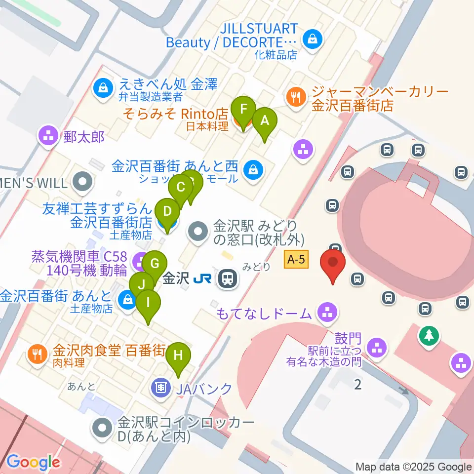 金沢駅東もてなしドーム地下広場周辺のファミレス・ファーストフード一覧地図