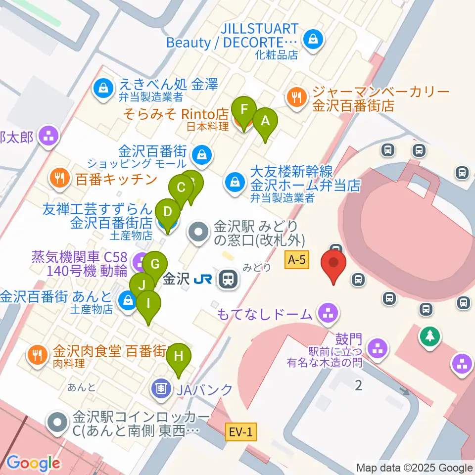 金沢駅東もてなしドーム地下広場周辺のファミレス・ファーストフード一覧地図
