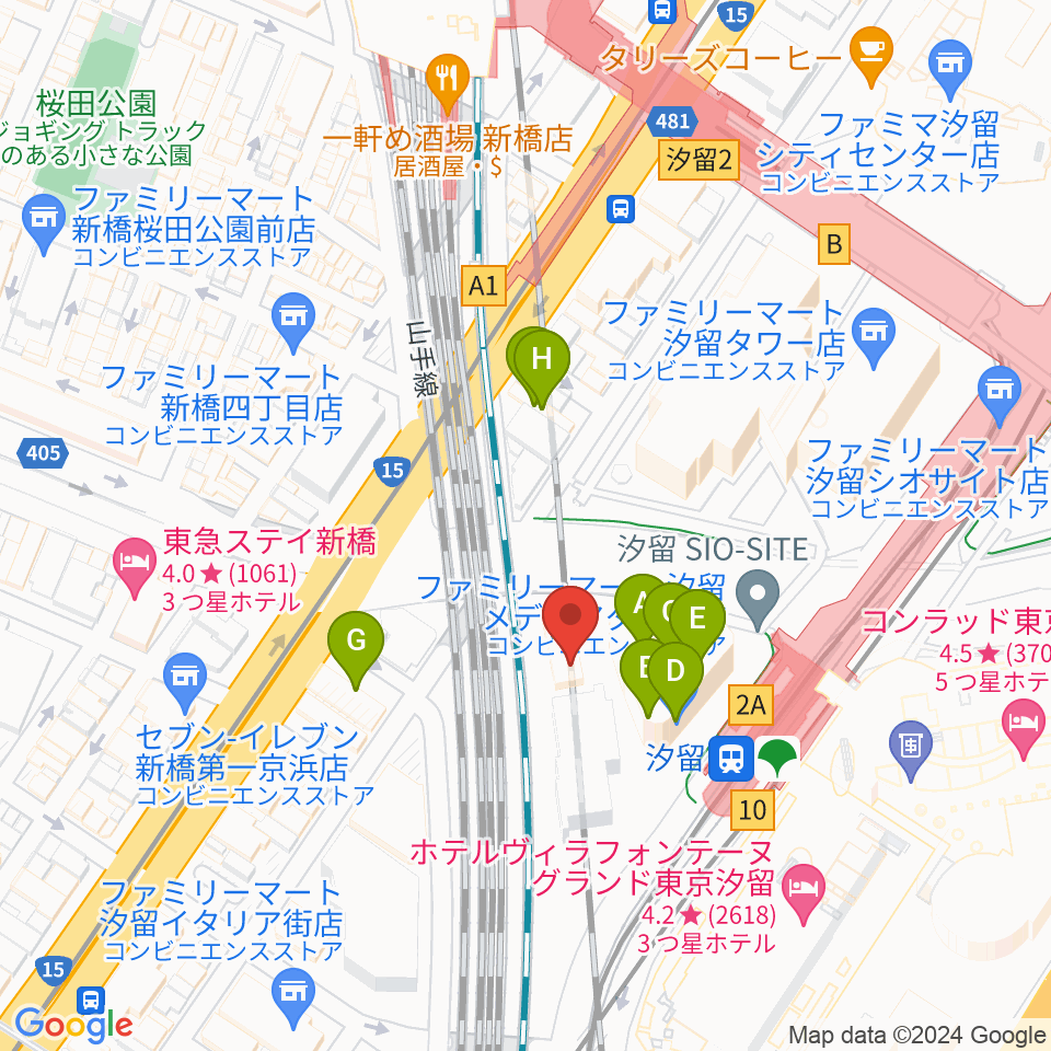 日仏文化協会 汐留ホール周辺のファミレス・ファーストフード一覧地図