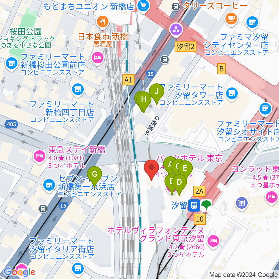 日仏文化協会 汐留ホール周辺のファミレス・ファーストフード一覧地図