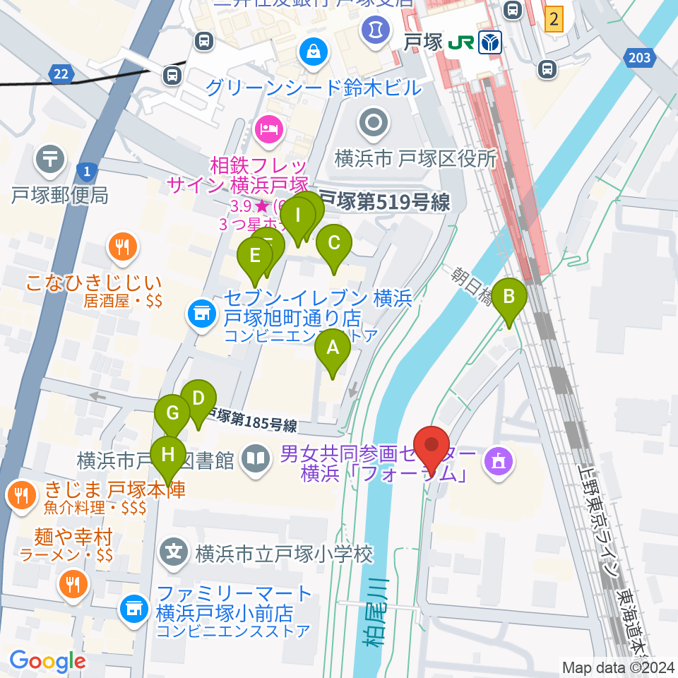 戸塚LOPO周辺のファミレス・ファーストフード一覧地図