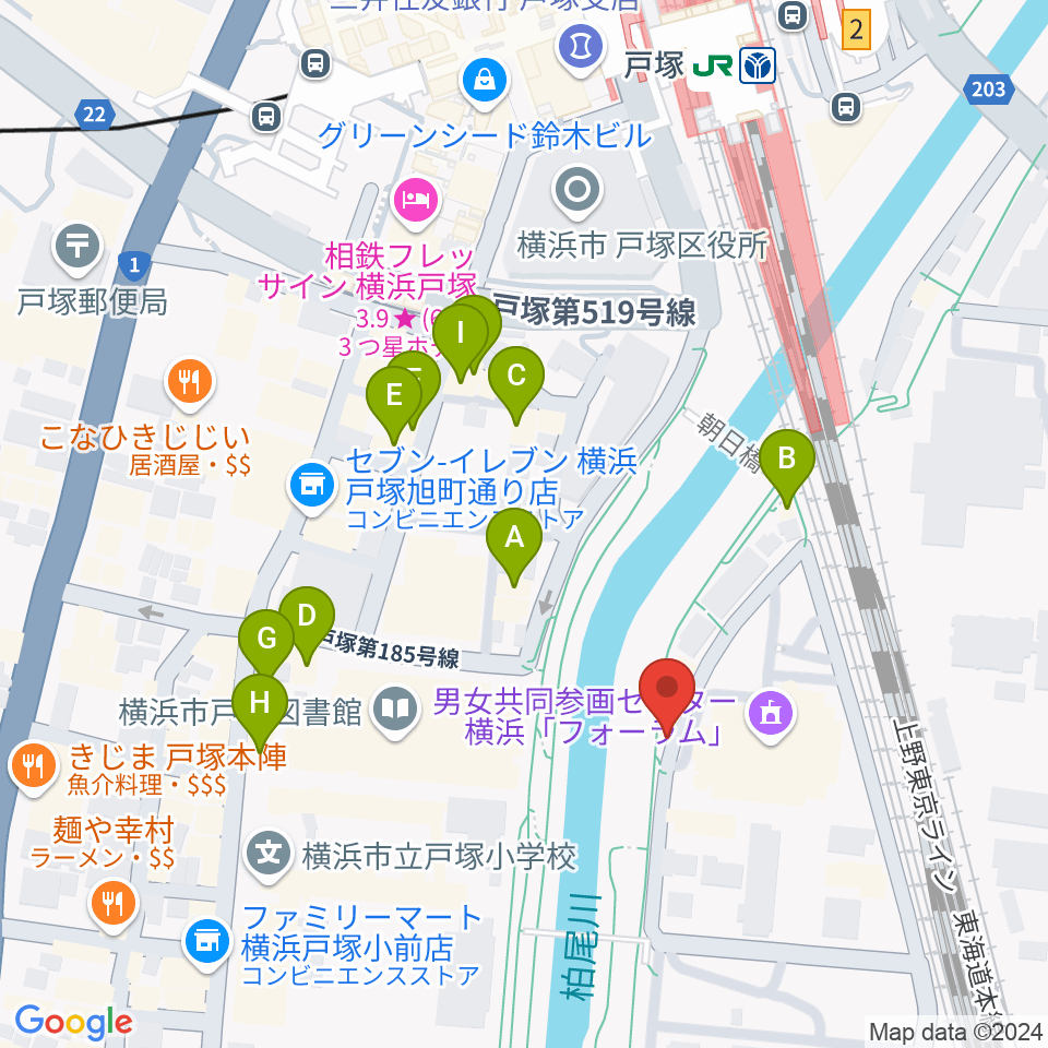 戸塚LOPO周辺のファミレス・ファーストフード一覧地図