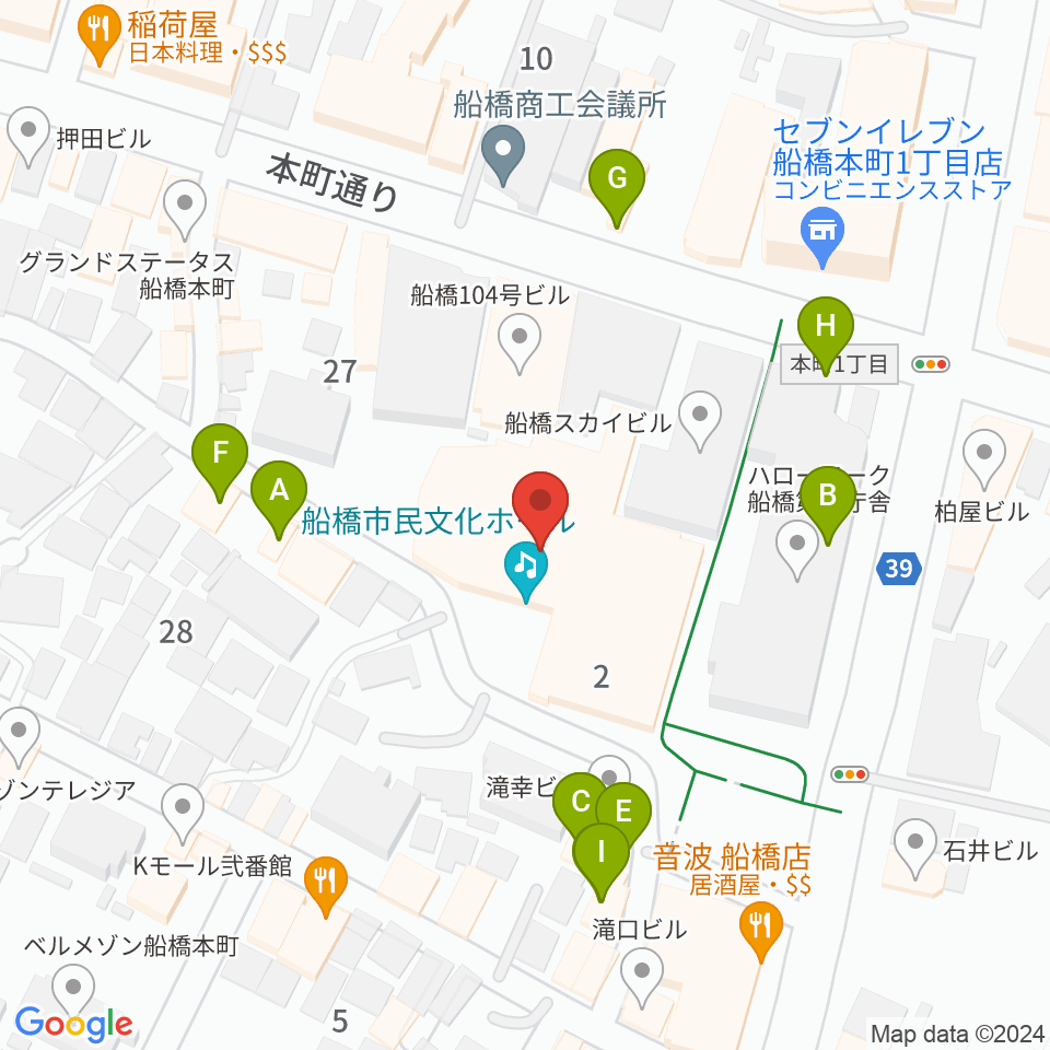 船橋市民文化ホール周辺のファミレス・ファーストフード一覧地図